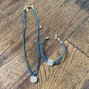 Lia Sophia Blue Cord Necklace and Bracelet Set with Pave Round Pendants